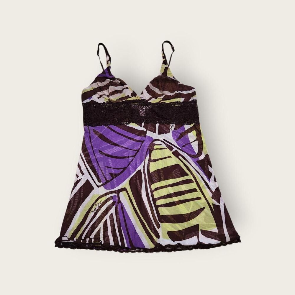 Y2k Victoria's Secret purple green and brown funky graphic mesh sheer mini dres